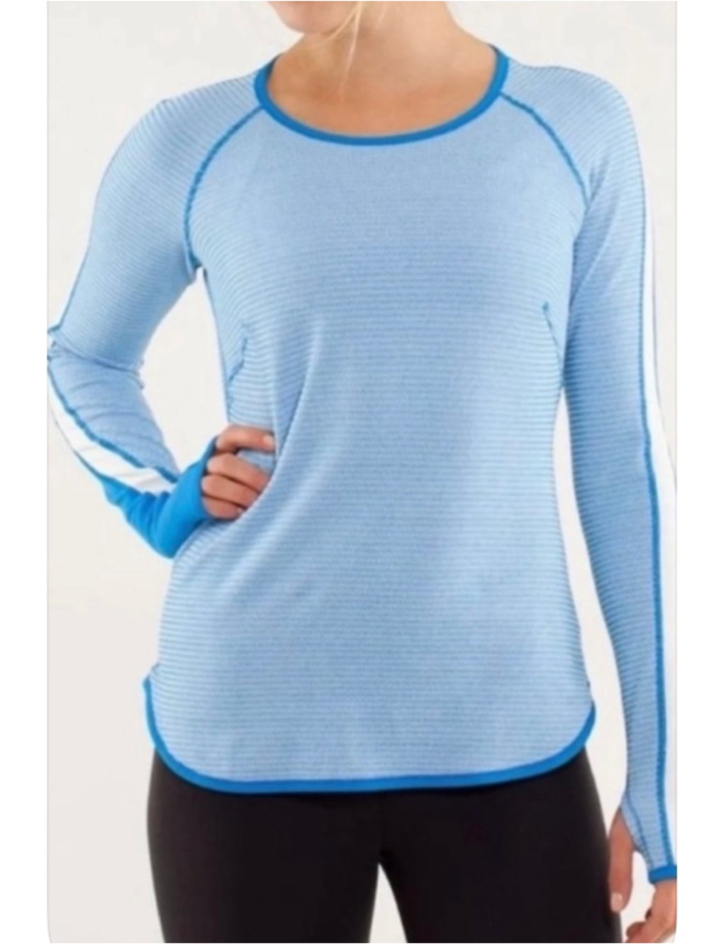 Women's Lululemon RunderLong Sleeve Athletic Tee, Size M, Blue and White Striped